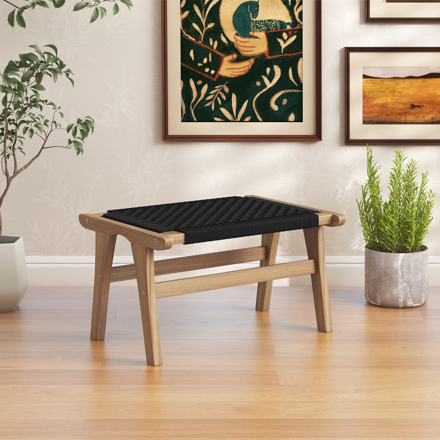 Indoor Outdoor Ottoman Footstool Teak Wooden Foot Rest with Handwoven Cordage