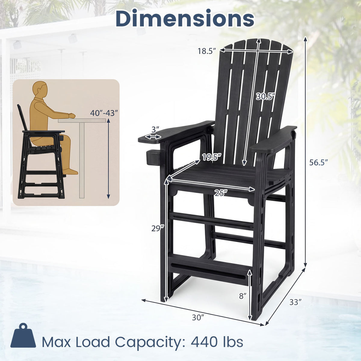 Outdoor 29 Inch Height Bar Stool with Backrest and Armrests