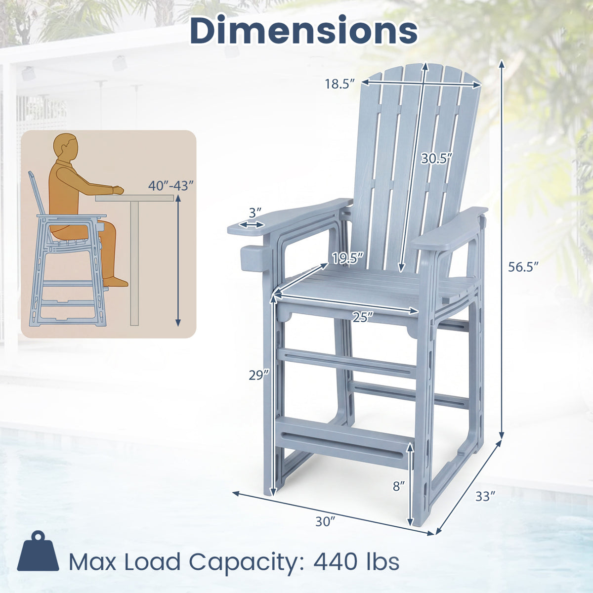 Outdoor 29 Inch Height Bar Stool with Backrest and Armrests