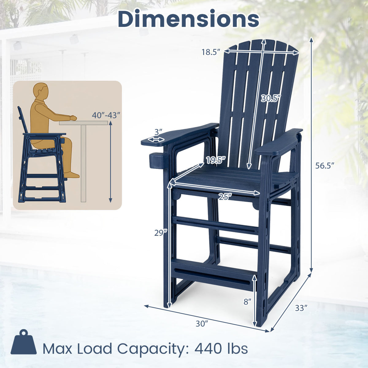 Outdoor 29 Inch Height Bar Stool with Backrest and Armrests