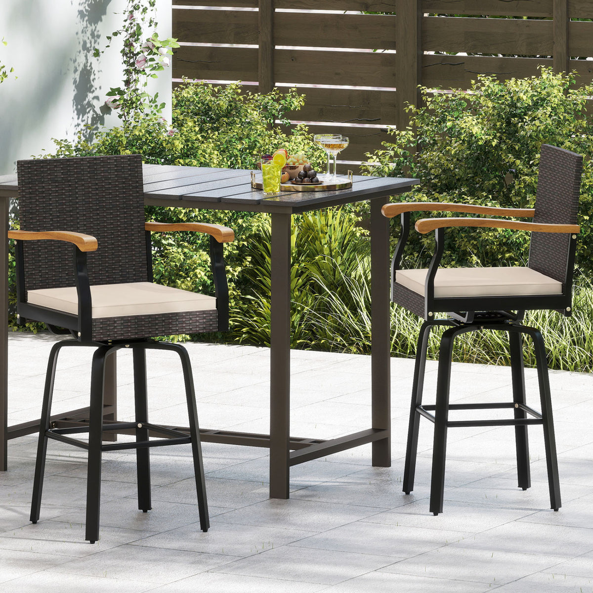 Outdoor 360° Swivel Bar Stool with Cushion and Acacia Wood Armrests-F