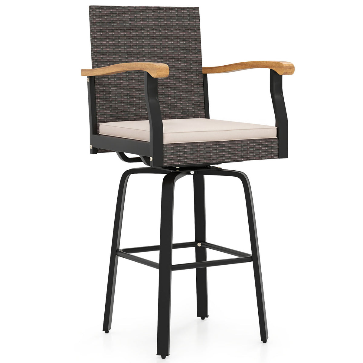 Outdoor 360° Swivel Bar Stool with Cushion and Acacia Wood Armrests-F