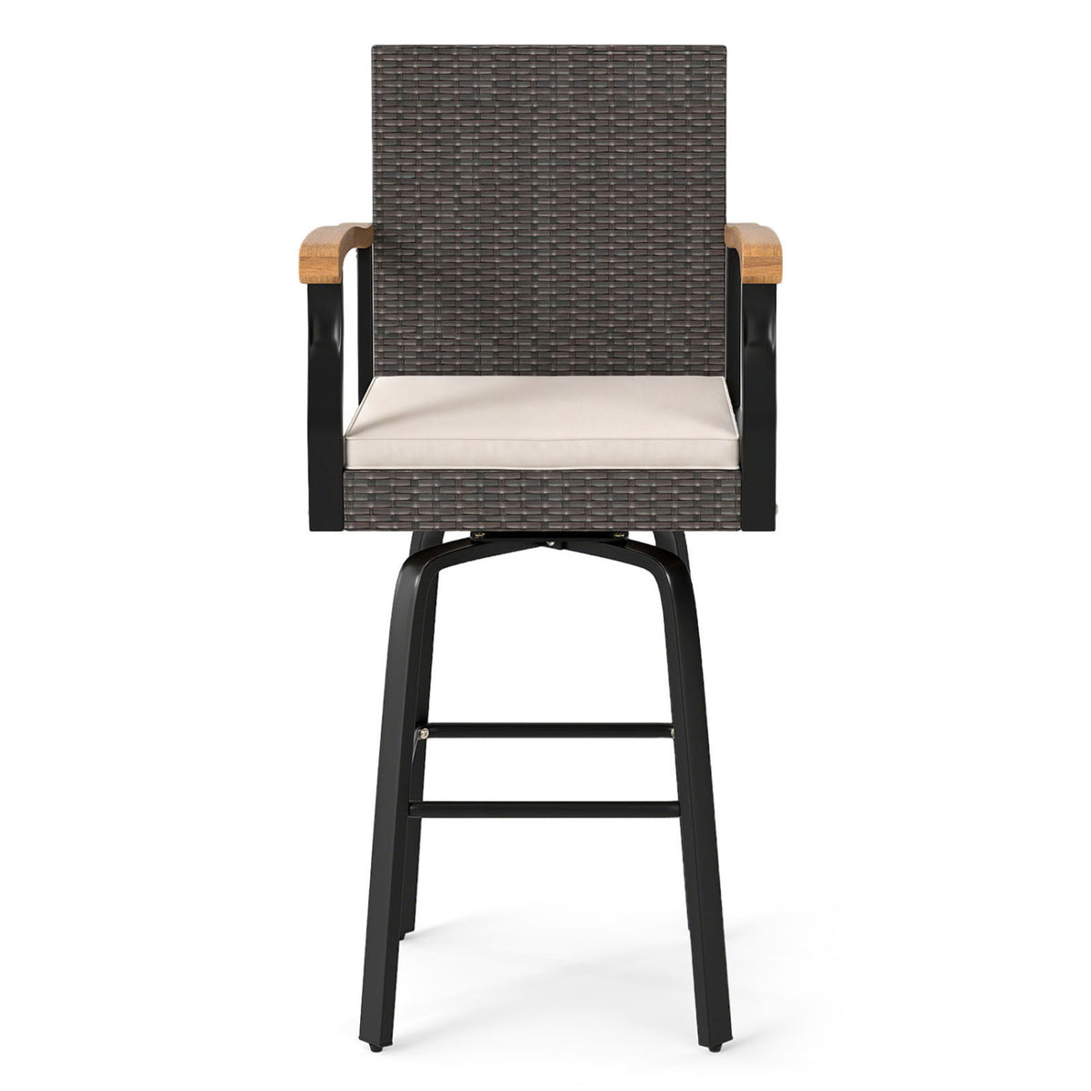 Outdoor 360° Swivel Bar Stool with Cushion and Acacia Wood Armrests-F