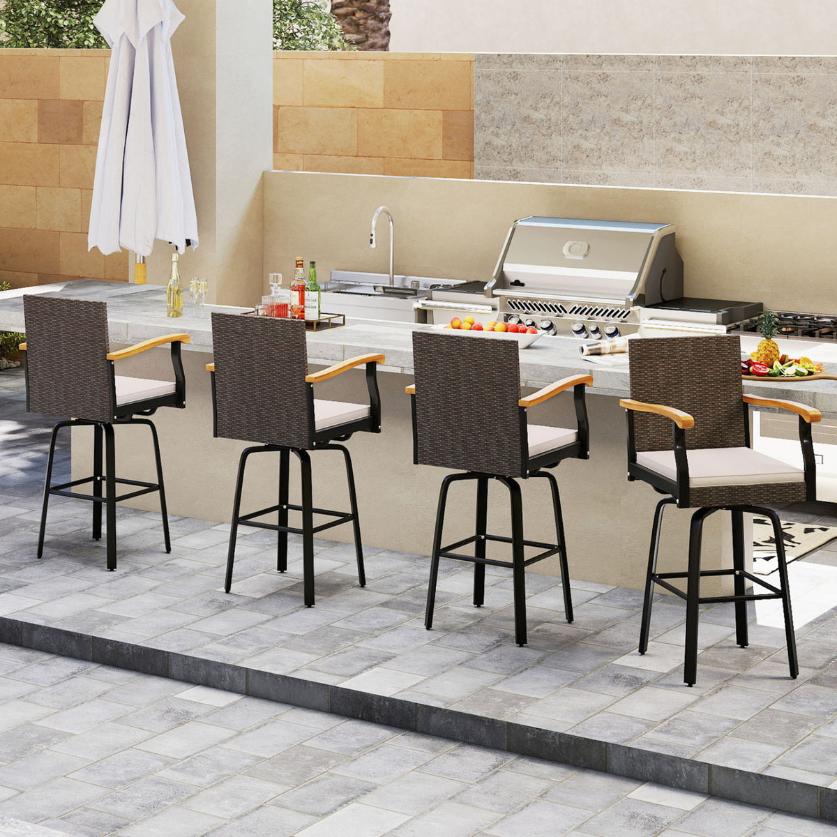 Outdoor 360° Swivel Bar Stool with Cushion and Acacia Wood Armrests-F