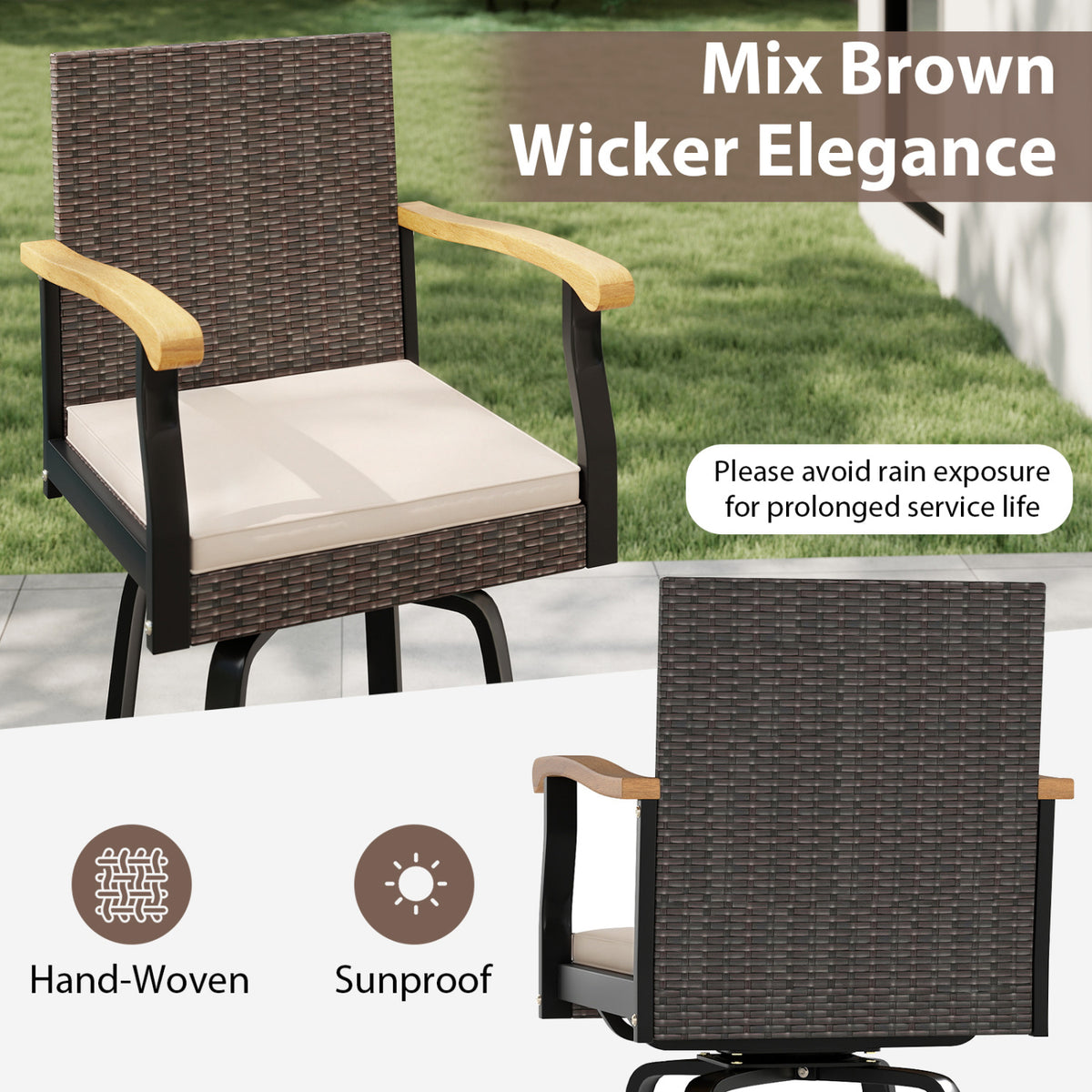 Outdoor 360° Swivel Bar Stool with Cushion and Acacia Wood Armrests-F