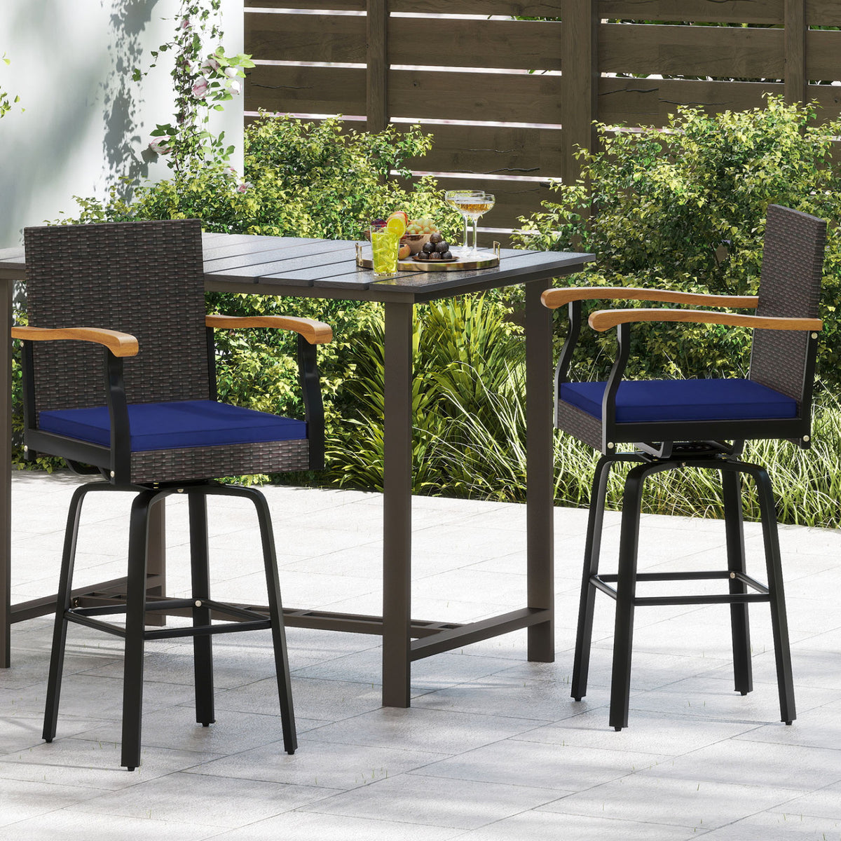 Outdoor 360° Swivel Bar Stool with Cushion and Acacia Wood Armrests-F