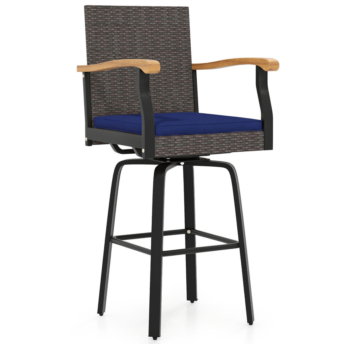 Outdoor 360° Swivel Bar Stool with Cushion and Acacia Wood Armrests-F