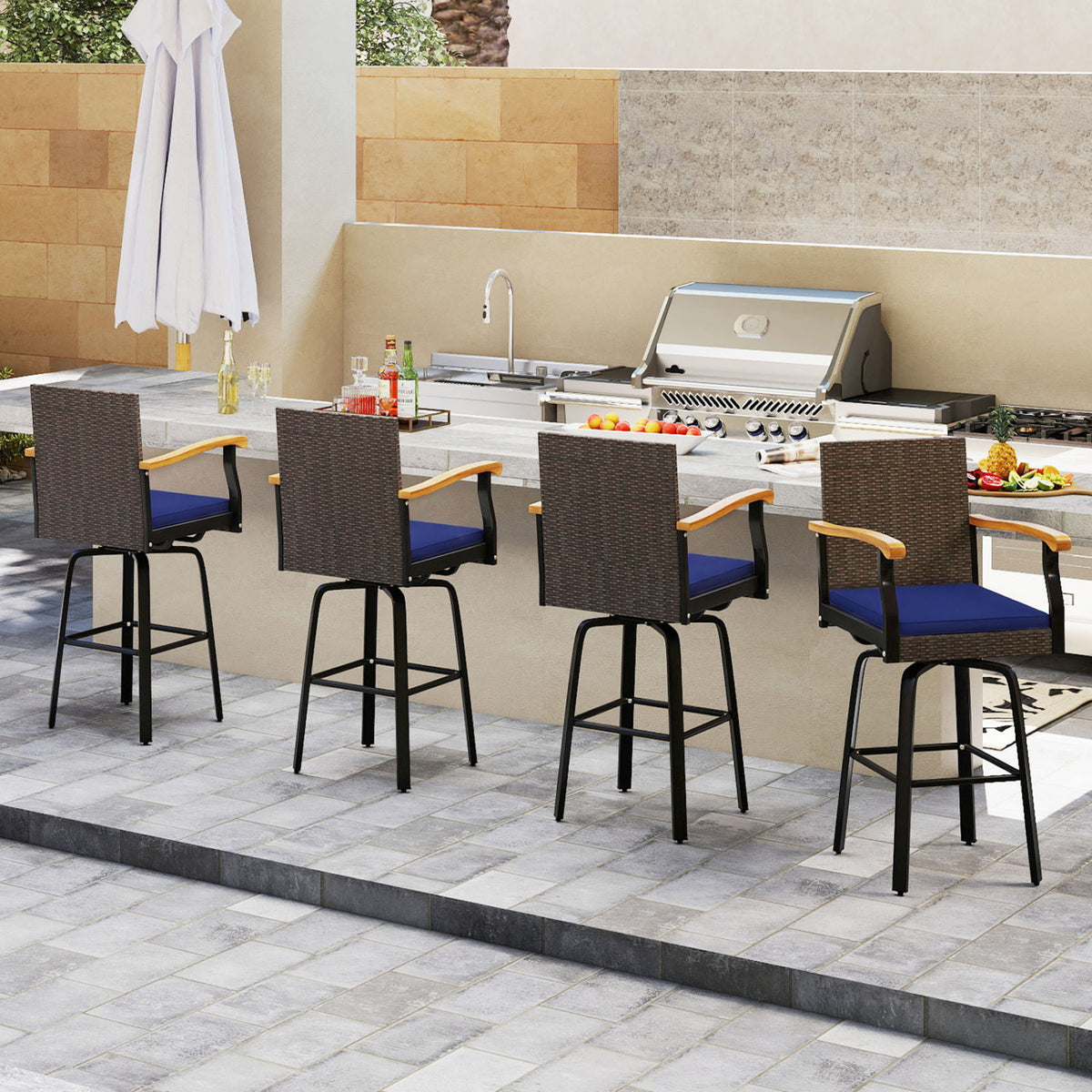 Outdoor 360° Swivel Bar Stool with Cushion and Acacia Wood Armrests-F