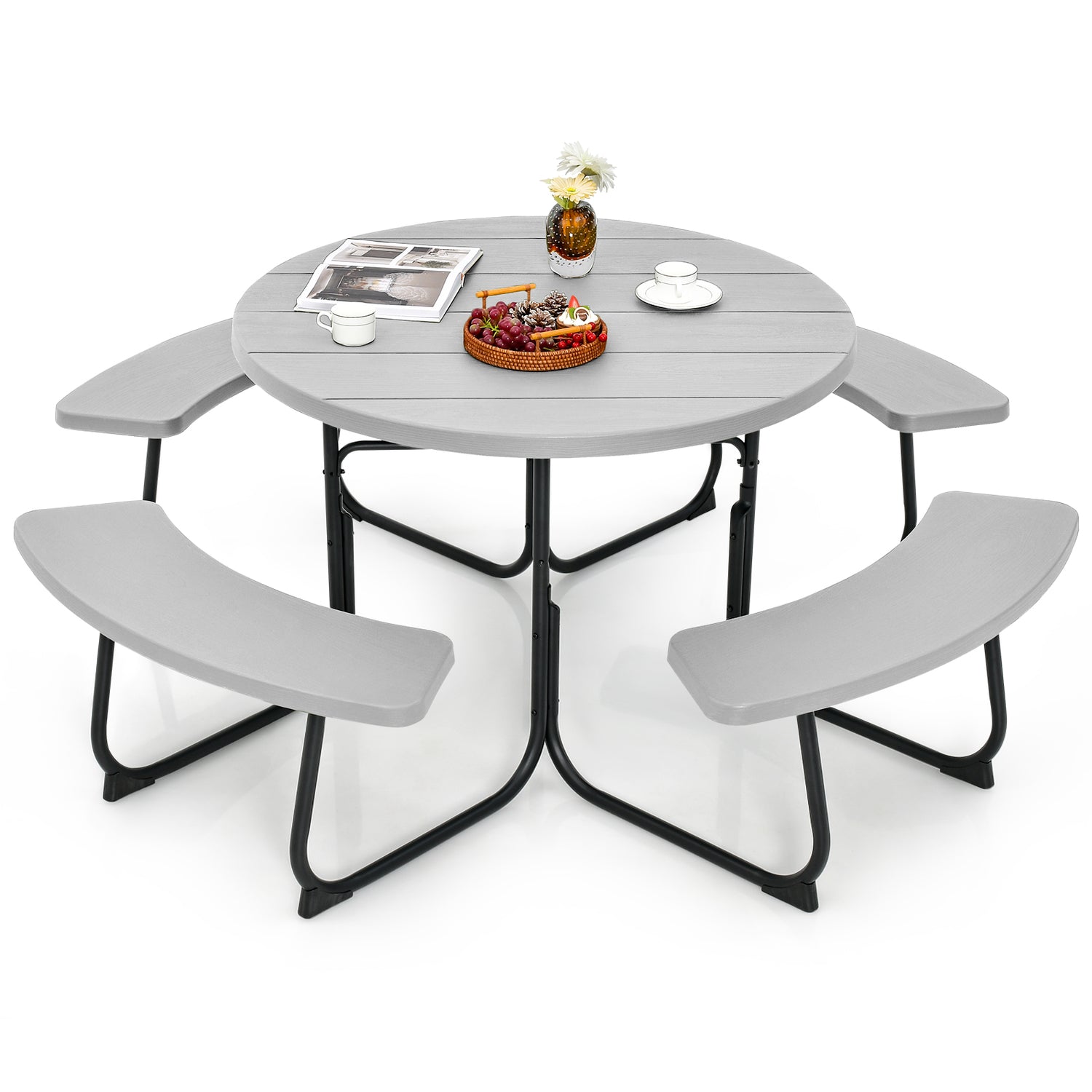 8-Person Outdoor Picnic Table and Bench Set with Umbrella Hole