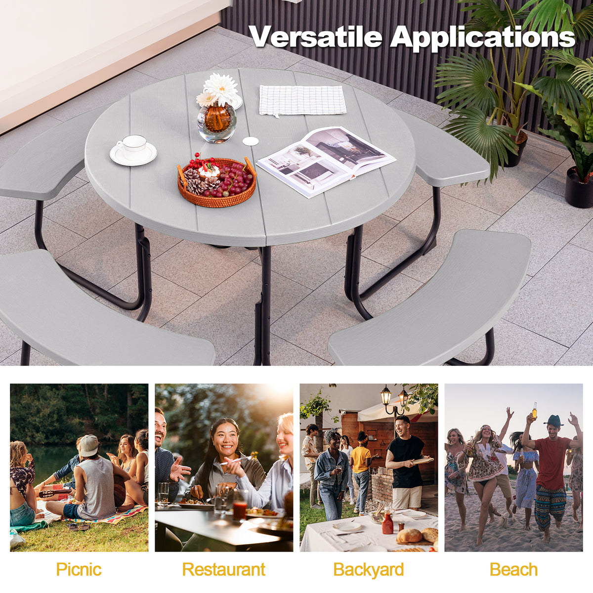 8-Person Outdoor Picnic Table and Bench Set with Umbrella Hole