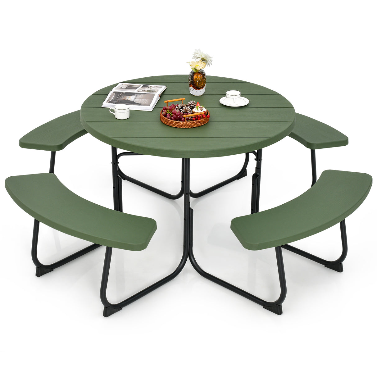 8-Person Outdoor Picnic Table and Bench Set with Umbrella Hole