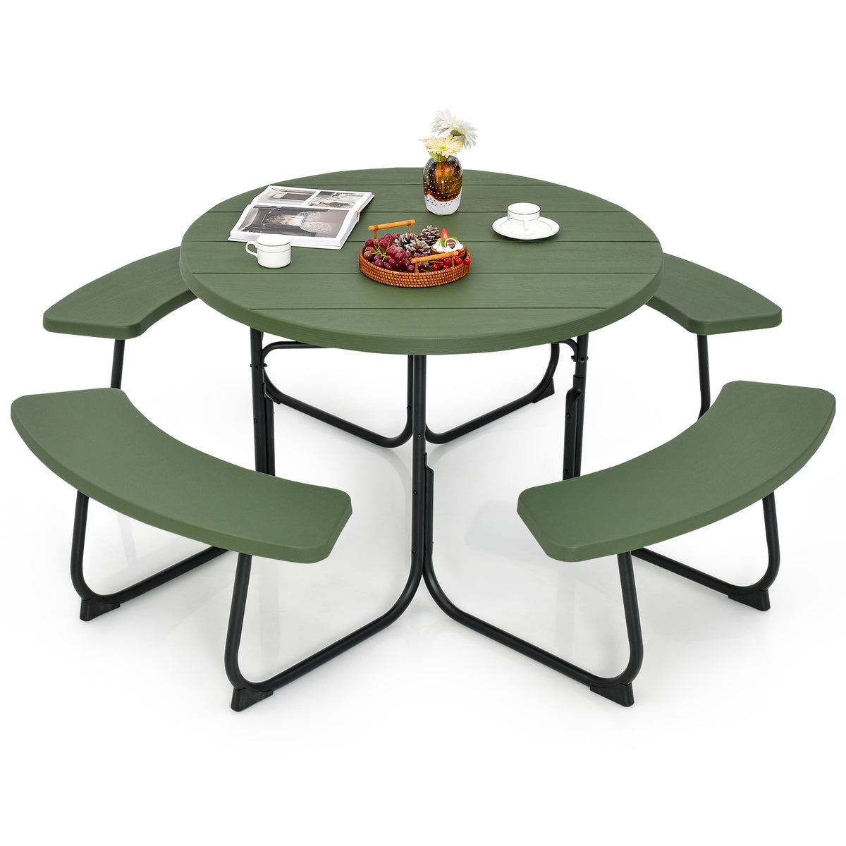 8-Person Outdoor Picnic Table and Bench Set with Umbrella Hole