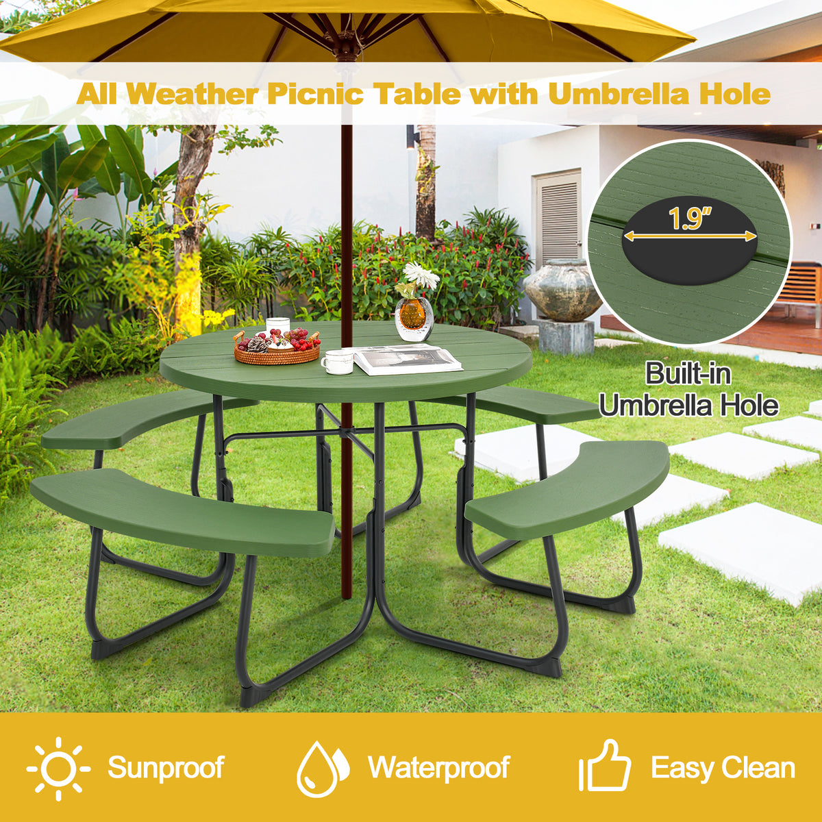 8-Person Outdoor Picnic Table and Bench Set with Umbrella Hole