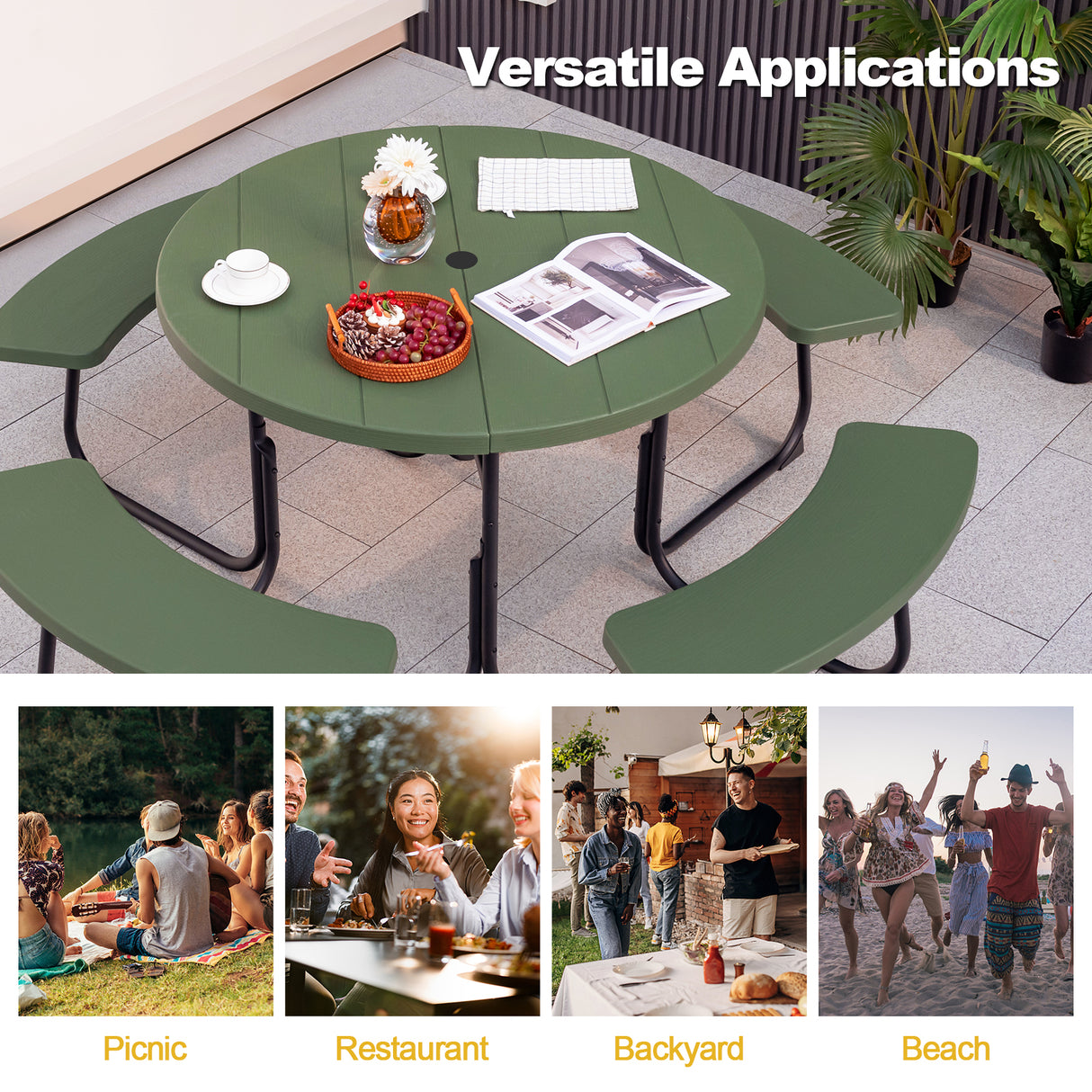 8-Person Outdoor Picnic Table and Bench Set with Umbrella Hole