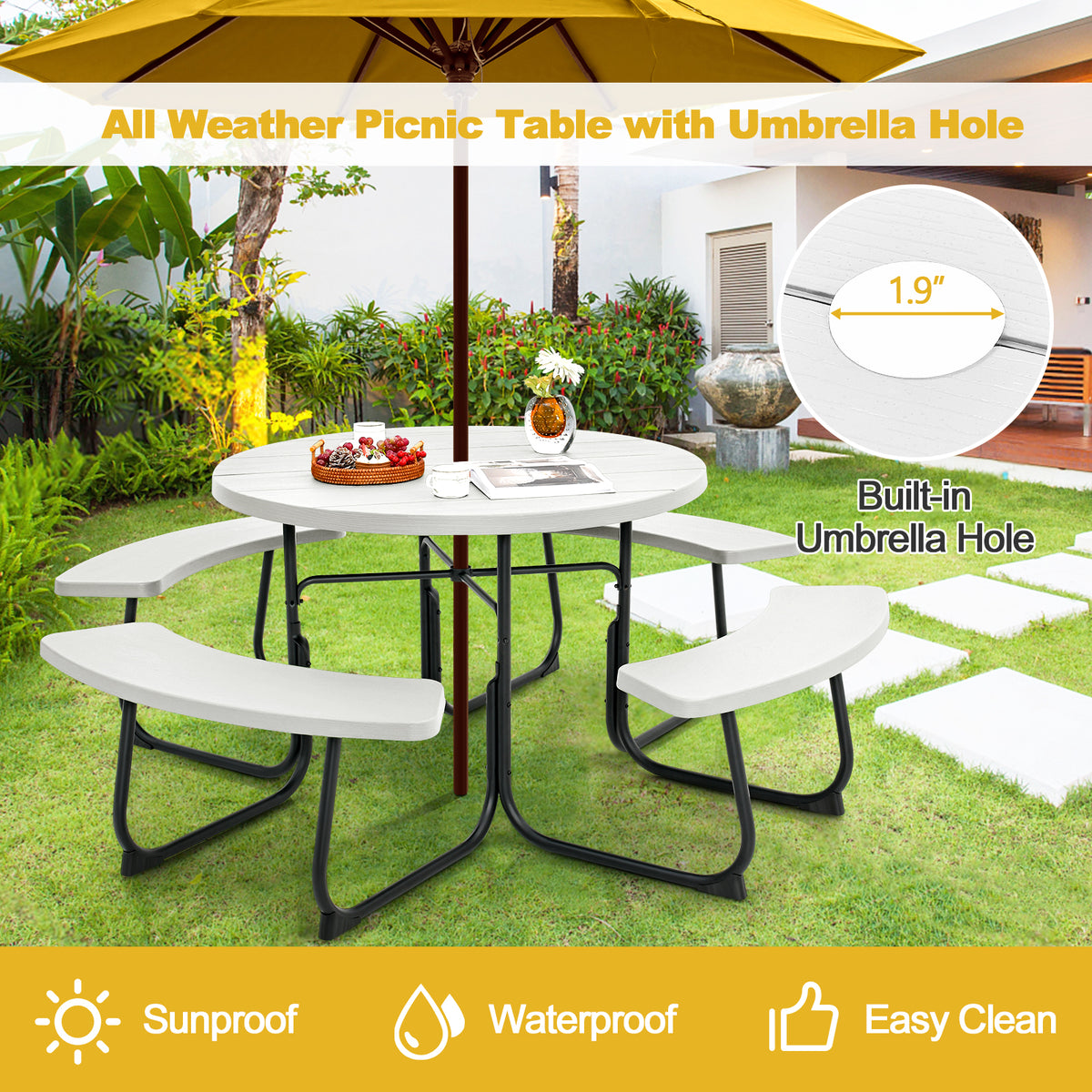 8-Person Outdoor Picnic Table and Bench Set with Umbrella Hole