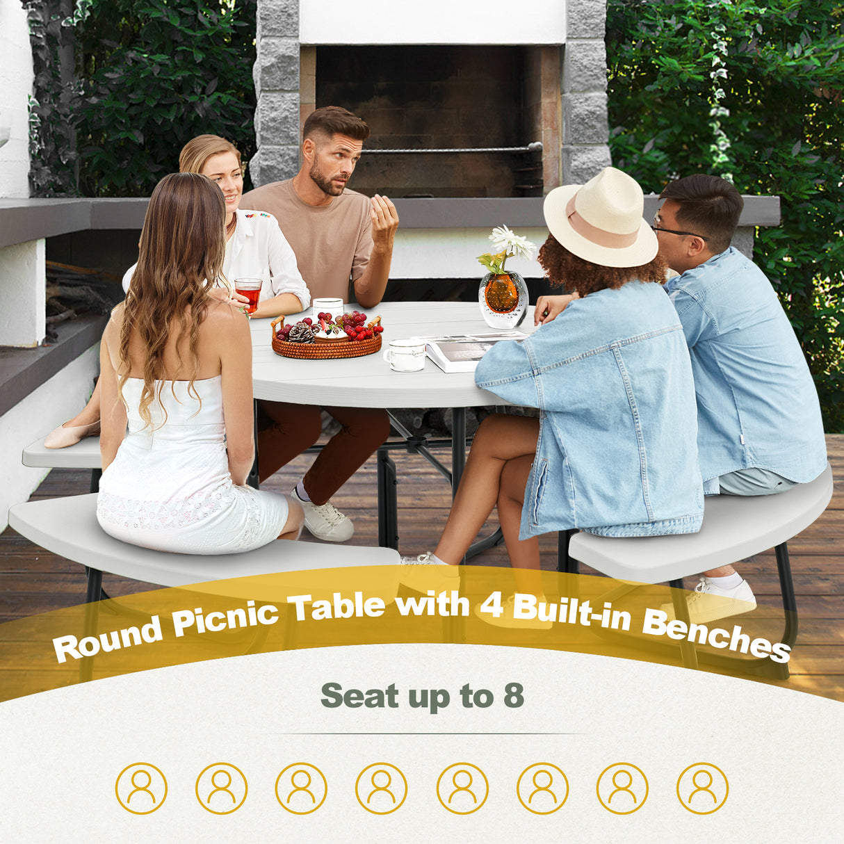 8-Person Outdoor Picnic Table and Bench Set with Umbrella Hole