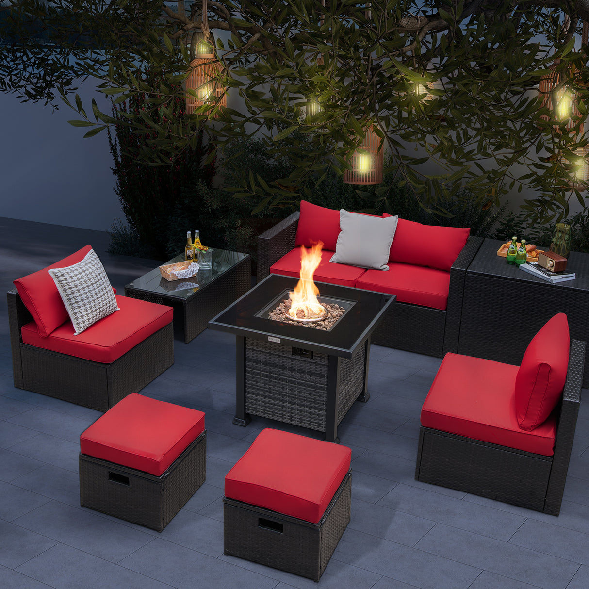 Outdoor 9 Pieces Patio Furniture Set with 50 000 BTU Propane Fire Pit Table