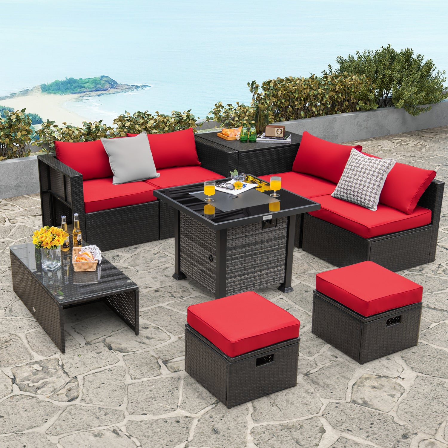 Outdoor 9 Pieces Patio Furniture Set with 50 000 BTU Propane Fire Pit Table