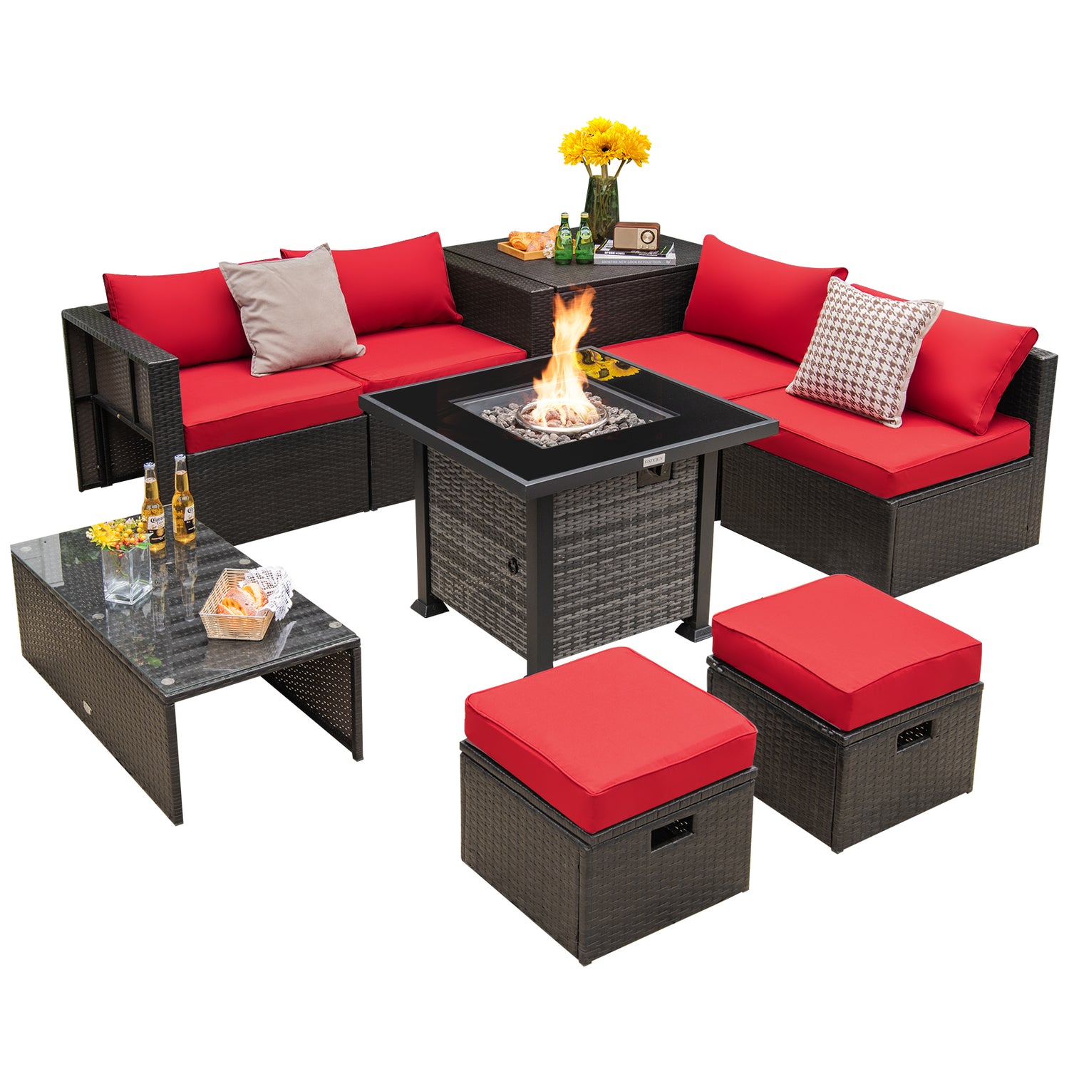 Outdoor 9 Pieces Patio Furniture Set with 50 000 BTU Propane Fire Pit Table
