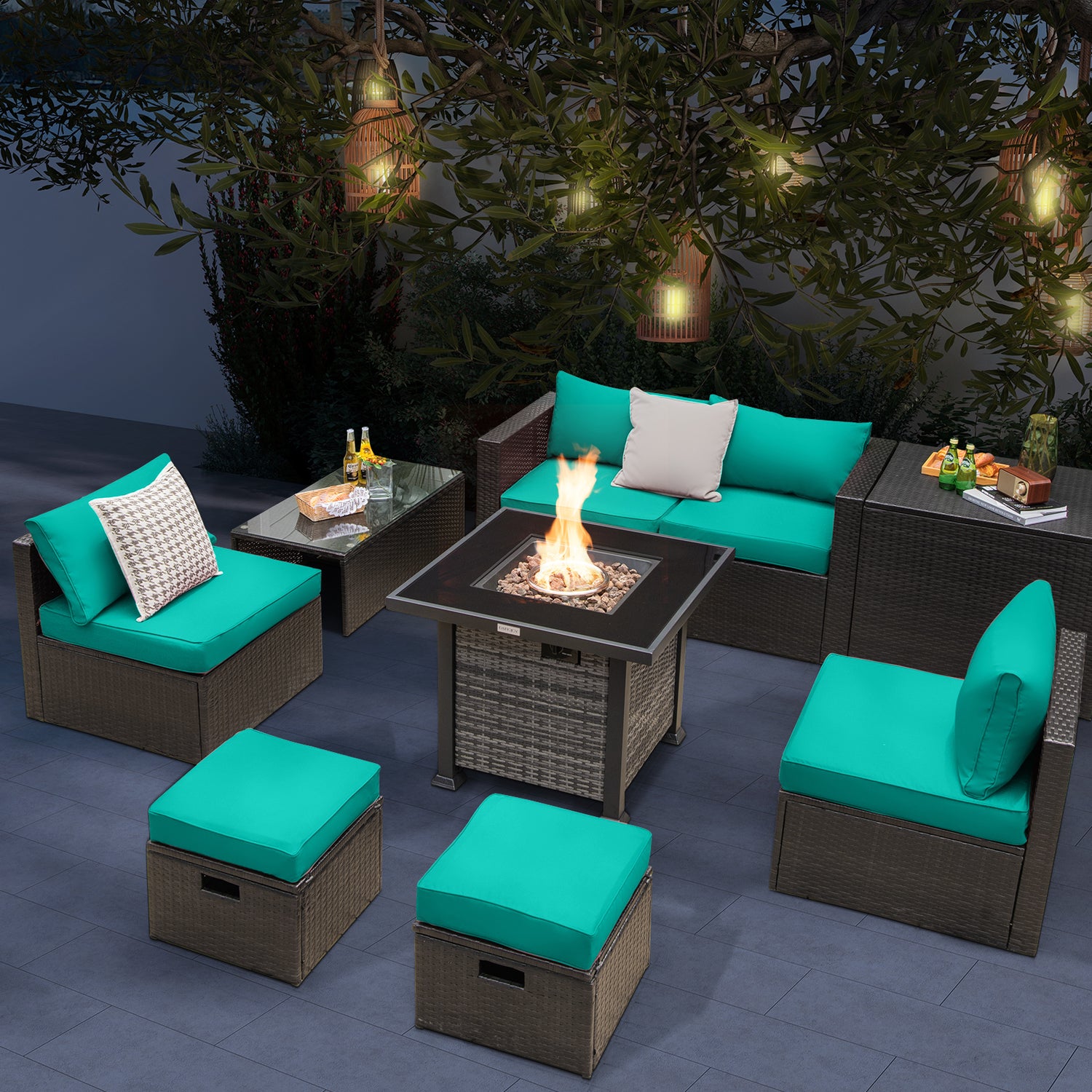 Outdoor 9 Pieces Patio Furniture Set with 50 000 BTU Propane Fire Pit Table