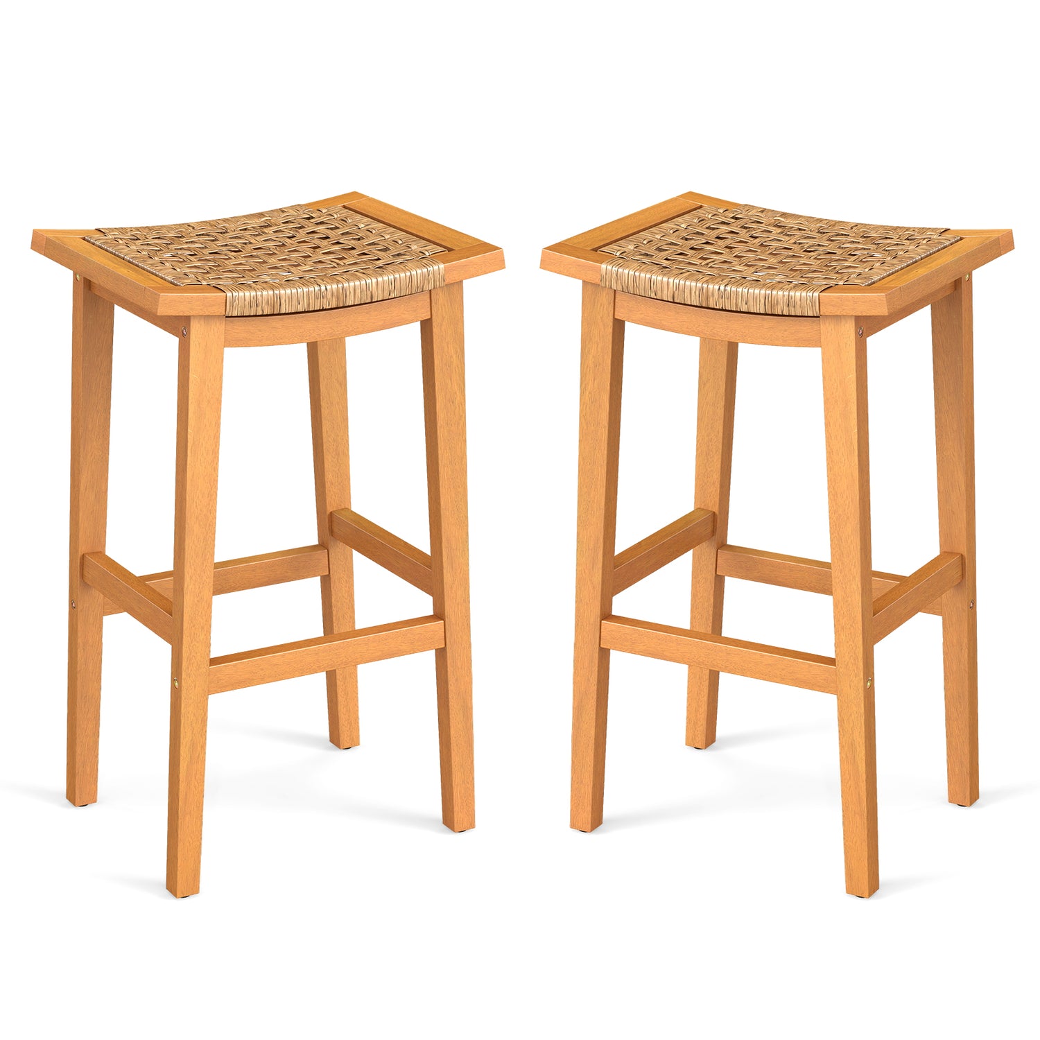 Outdoor Acacia Wood Bar Stools Set of 2 with PE Rattan Seats and Backrests