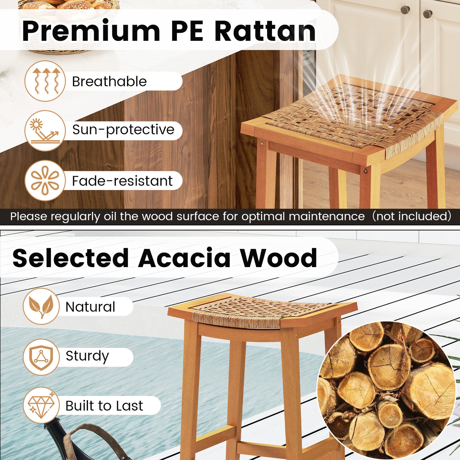 Outdoor Acacia Wood Bar Stools Set of 2 with PE Rattan Seats and Backrests