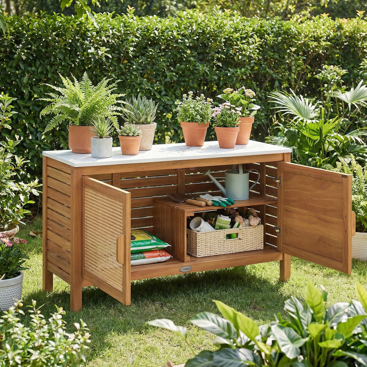 Outdoor Acacia Wood Storage Cabinet Outside Tool Cabinet with Fax Marble Top