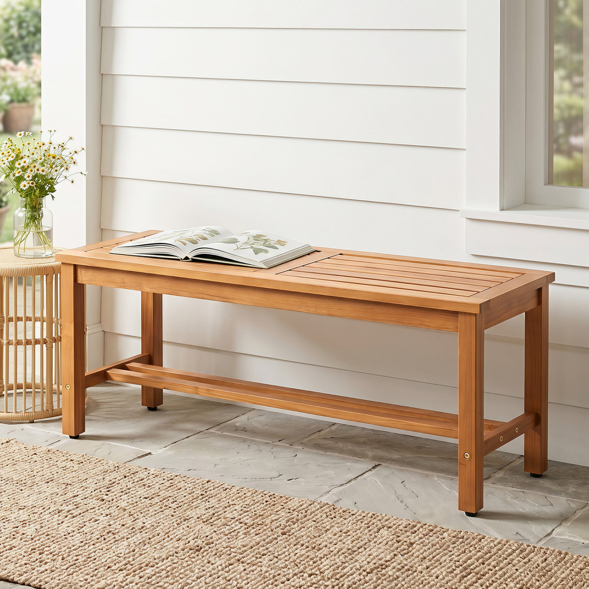 Outdoor Acacia Wood Patio Bench for 2 with Slatted Seat-2/Seat-1 Pieces/Piece