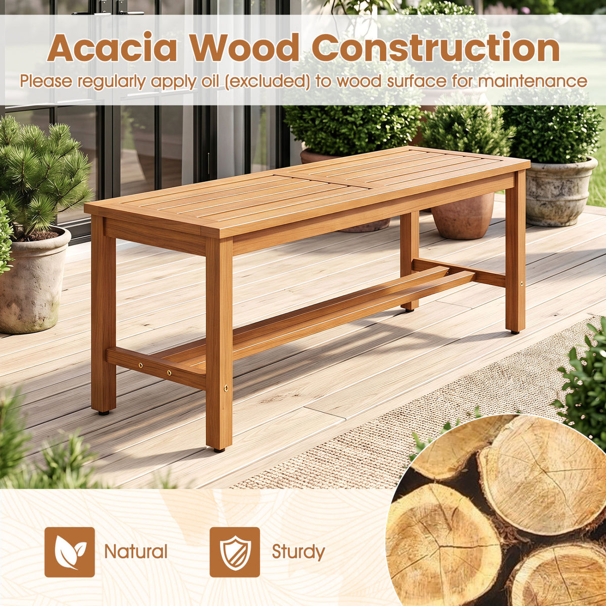 Outdoor Acacia Wood Patio Bench for 2 with Slatted Seat-2/Seat-1 Pieces/Piece