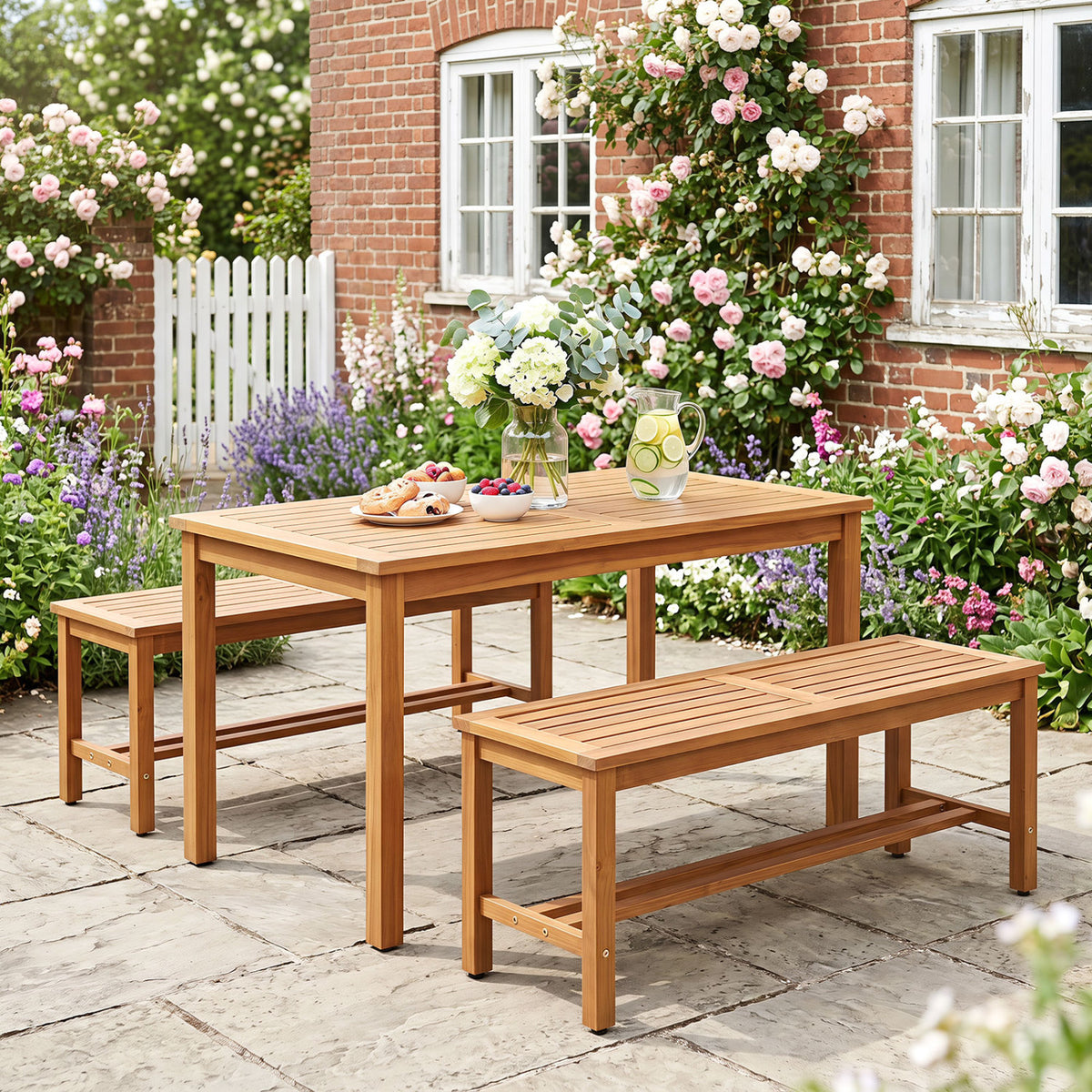 Outdoor Acacia Wood Patio Bench for 2 with Slatted Seat-2/Seat-1 Pieces/Piece