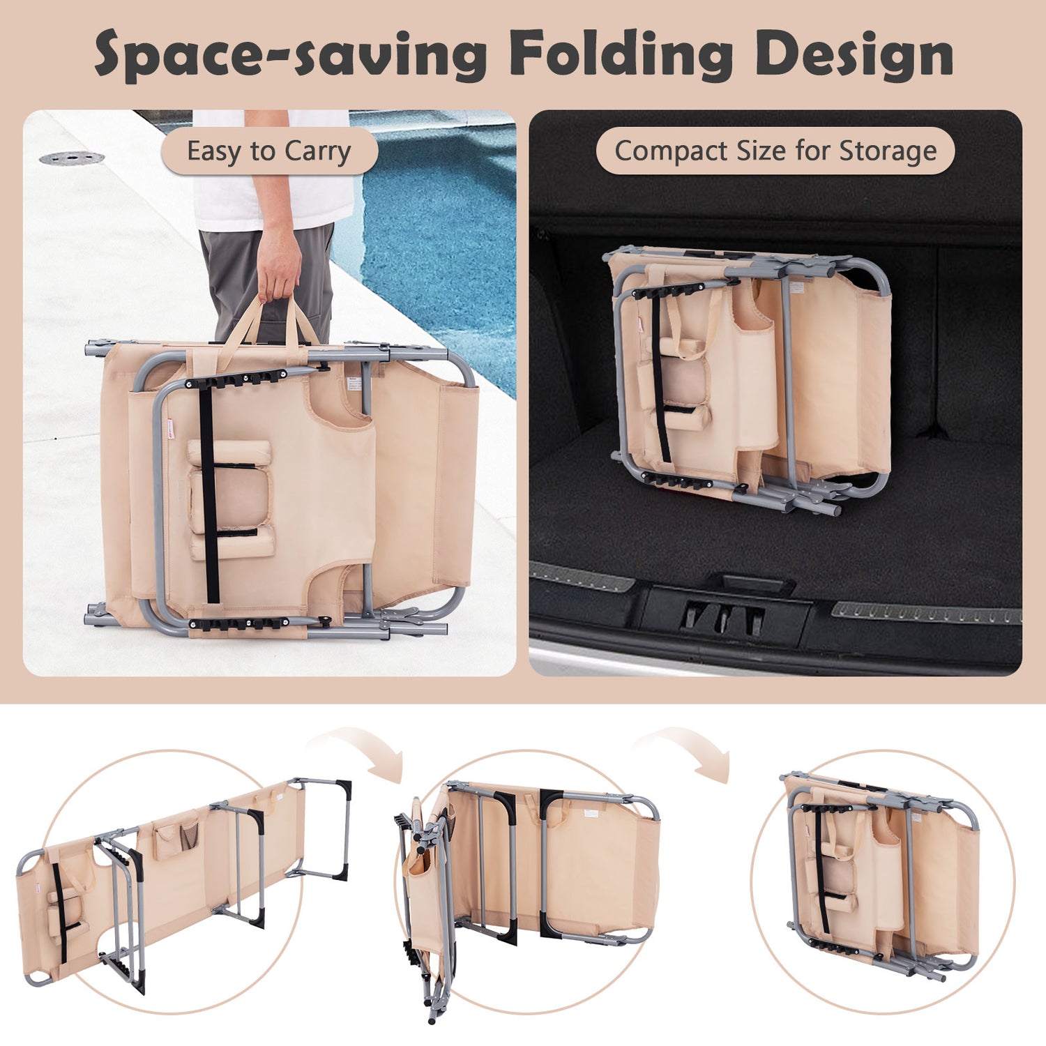 Folding Beach Lounge Chair with Pillow for Outdoor
