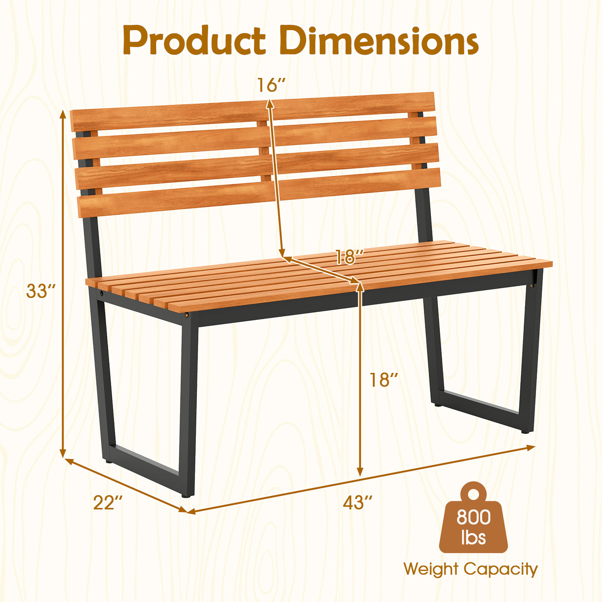 Outdoor Bench Acacia Wood Patio Loveseat with Backrest and Heavy Duty Metal Frame