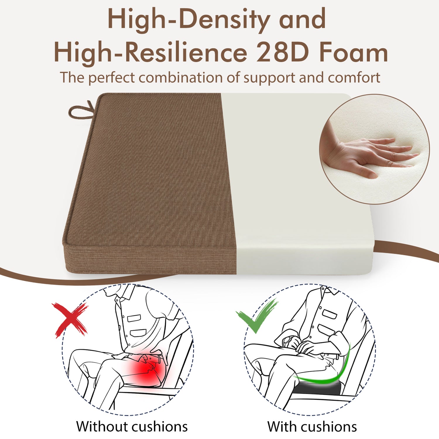 Outdoor Chair Cushion Set of 2 Waterproof Fade-Resistant Olefin Seat Cushions