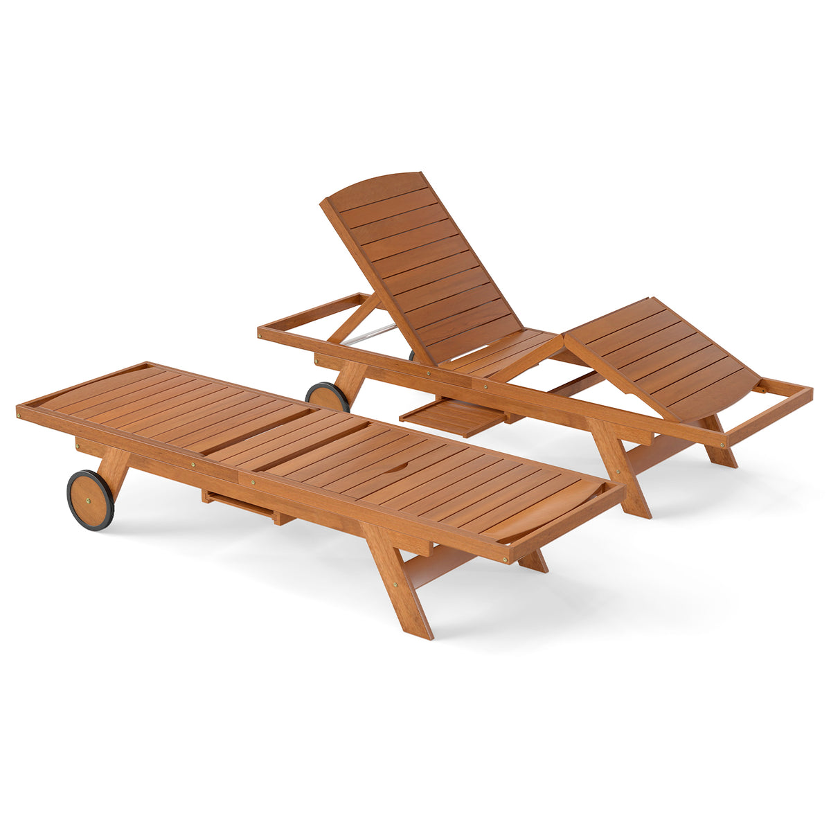 Outdoor Chaise Lounge Chair with Wheels 4-Position Patio Wood Recliner with Adjustable Backrest