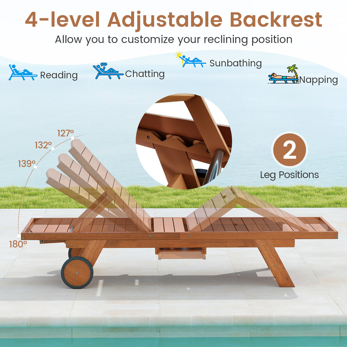 Outdoor Chaise Lounge Chair with Wheels 4-Position Patio Wood Recliner with Adjustable Backrest