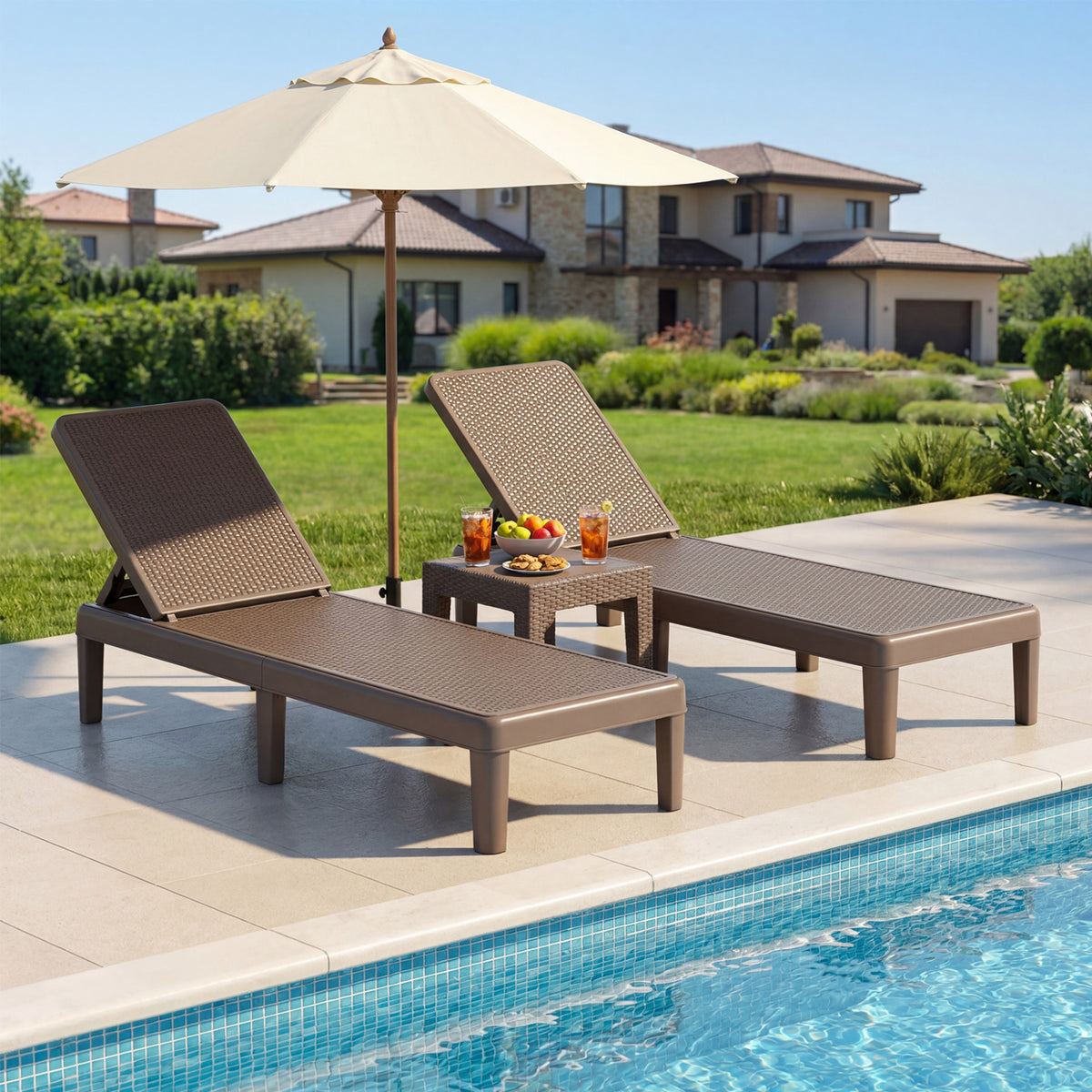 Outdoor Chaise Lounger Chair with Waterproof Rattan Textured PP Surface Set of 2