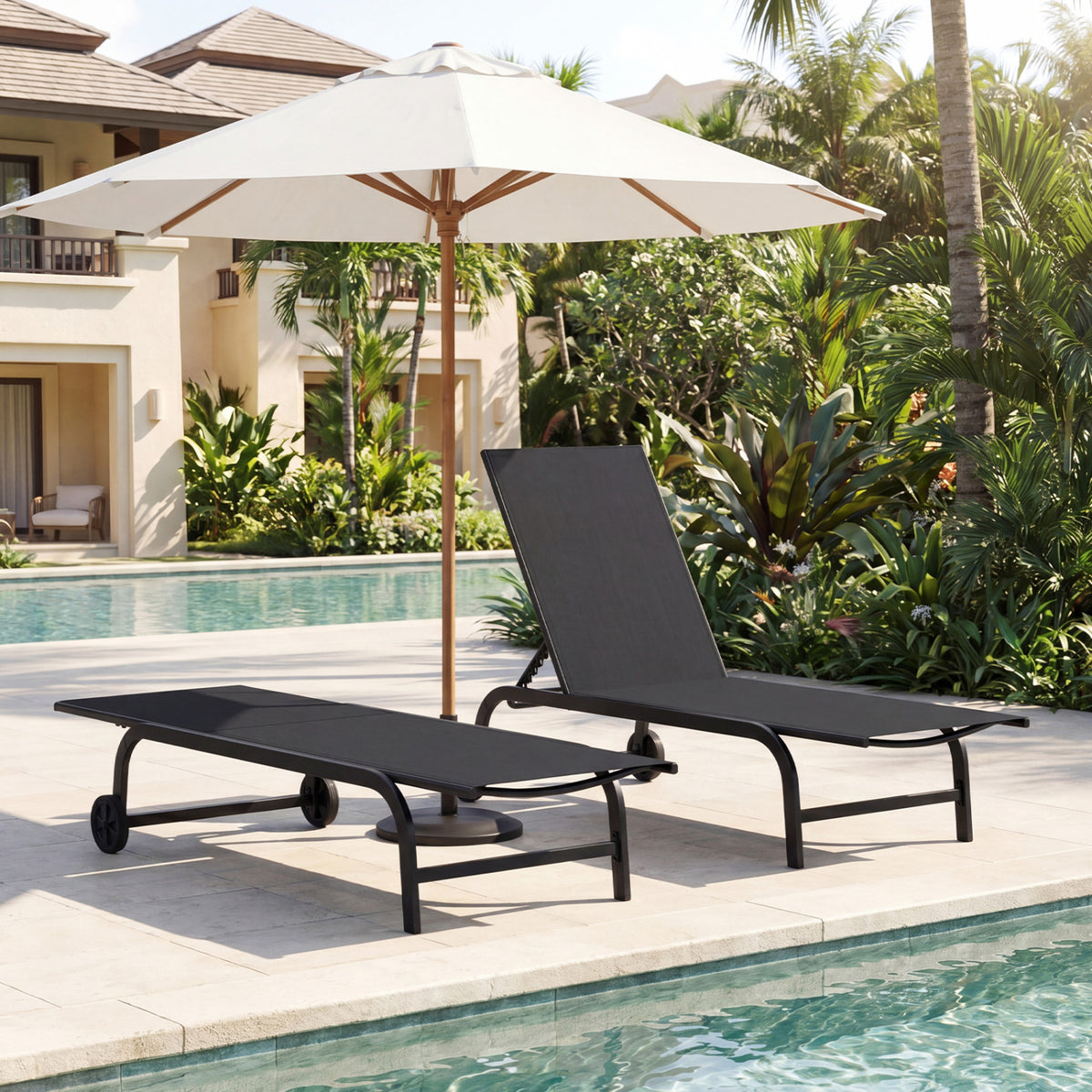 Outdoor Chaise Lounge Chair with Wheels and Metal Frame-Black