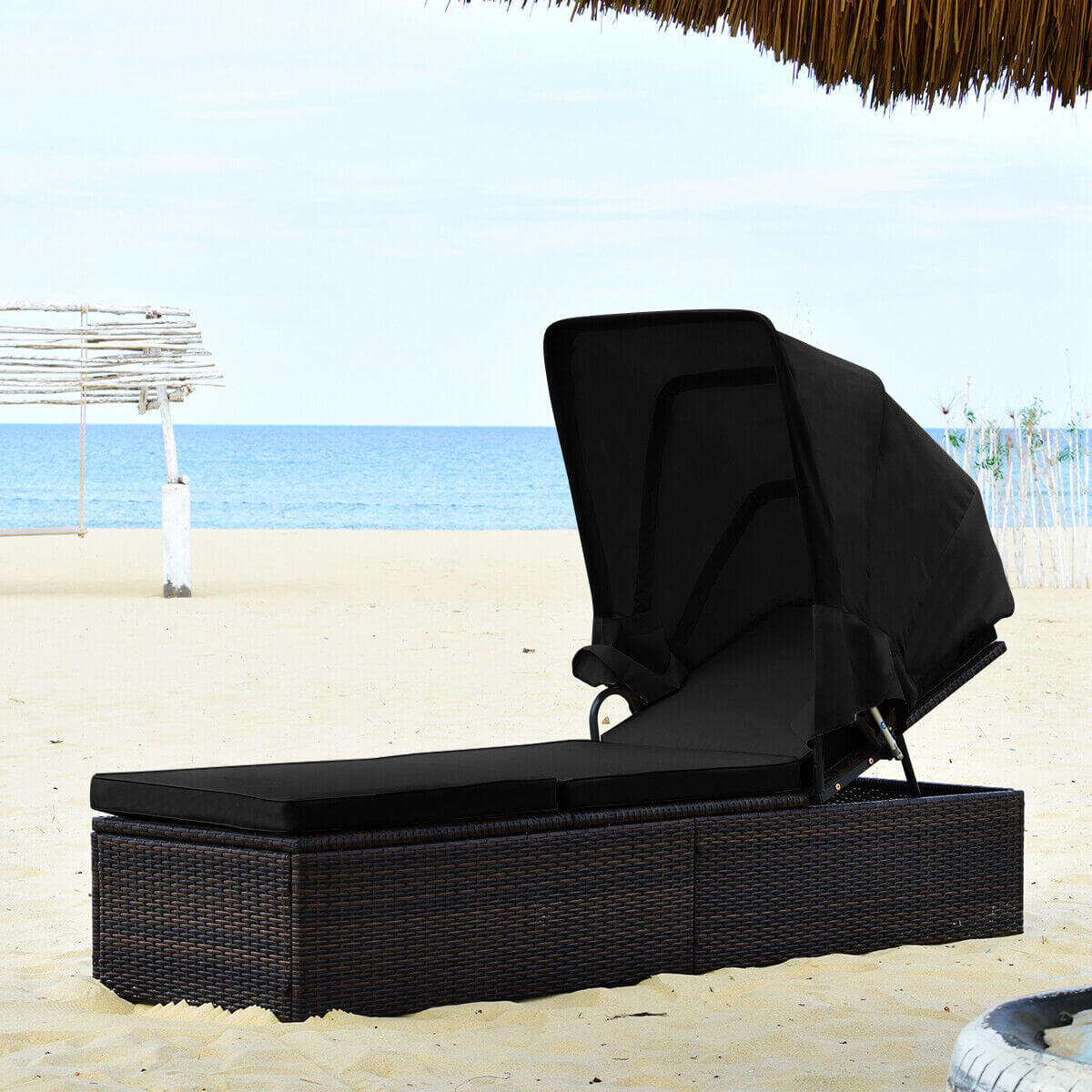 Chaise Cushioned Top Canopy Patio Rattan Lounge Chair with Tea Table