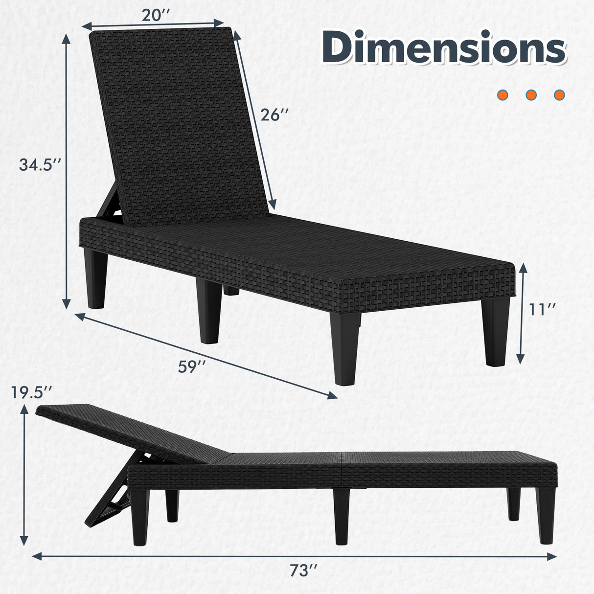 Outdoor Chaise Lounger Chair with Waterproof Rattan Textured PP Surface and 330 lbs Capacity