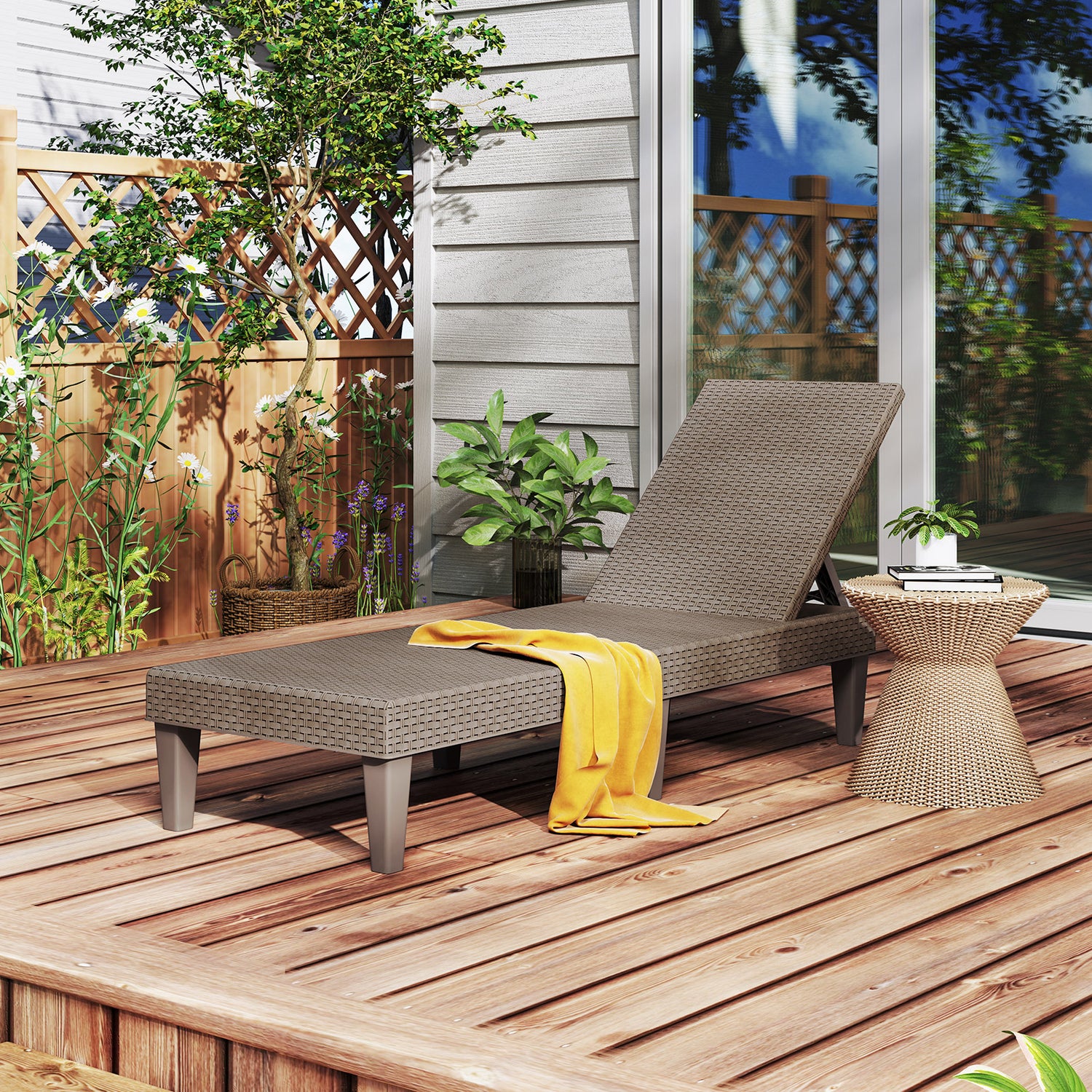 Outdoor Chaise Lounger Chair with Waterproof Rattan Textured PP Surface and 330 lbs Capacity