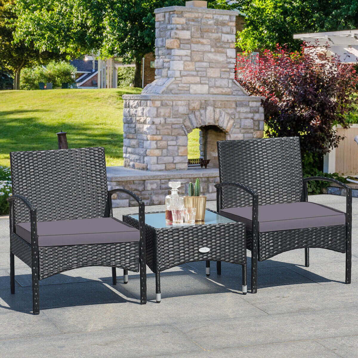 3 Pieces Patio Wicker Rattan Furniture Set with Cushion for Lawn Backyard