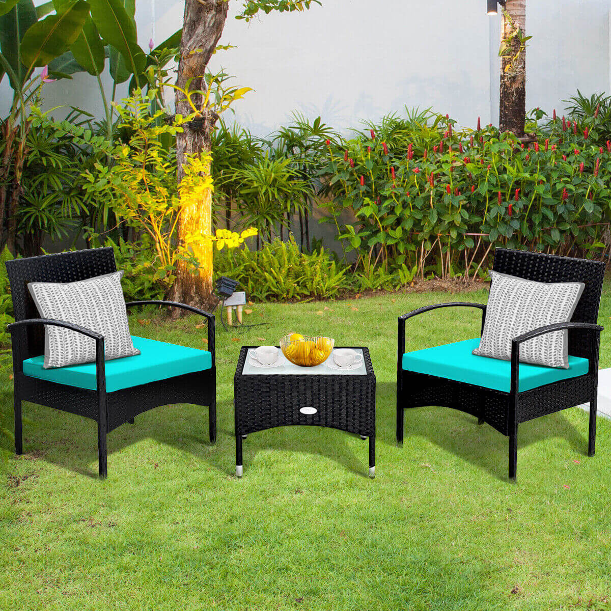 3 Pieces Patio Wicker Rattan Furniture Set with Cushion for Lawn Backyard