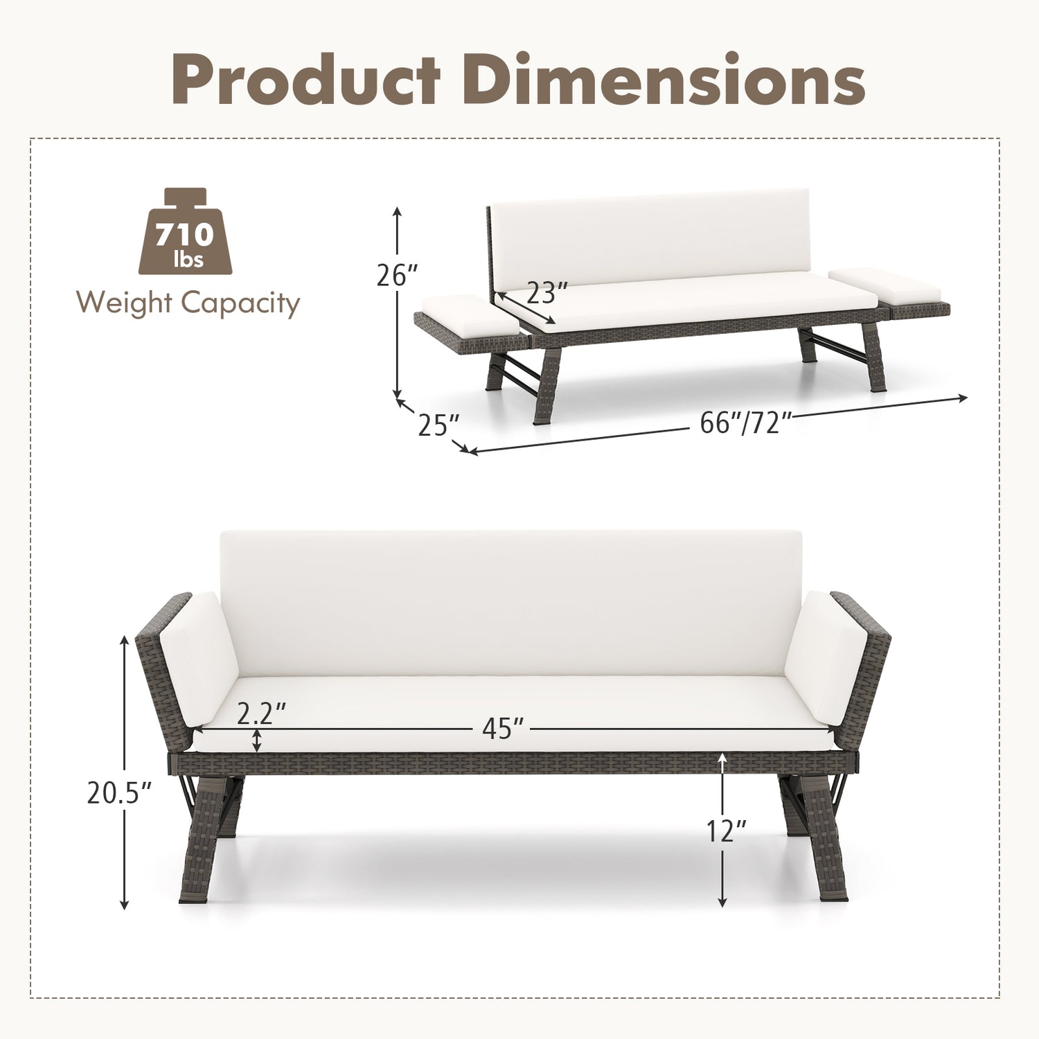 Outdoor Convertible Sofa Daybed with Adjustable Armrests for Balcony
