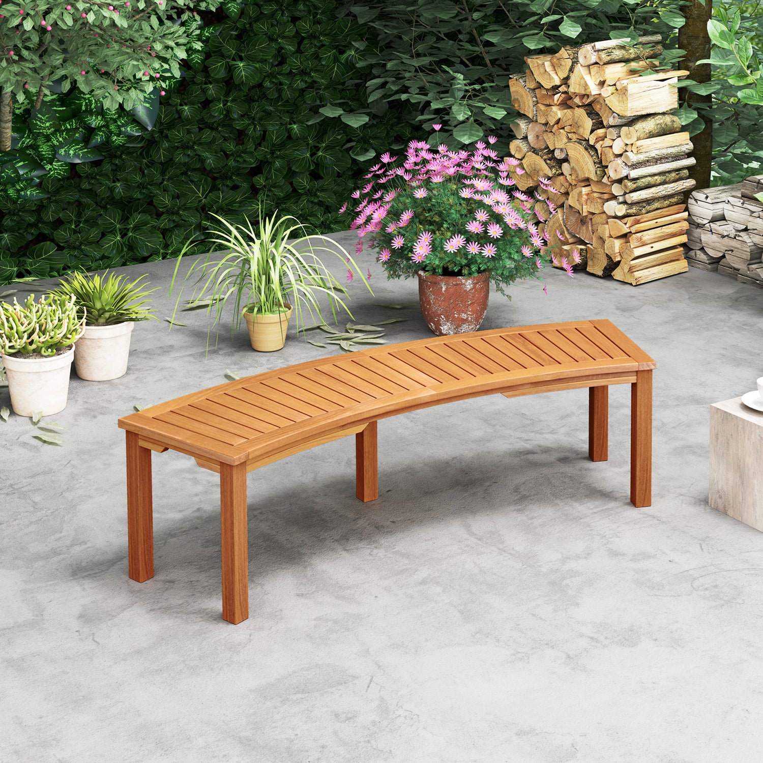 Outdoor Curved Acacia Wood Fire Pit Bench with Slatted Seat