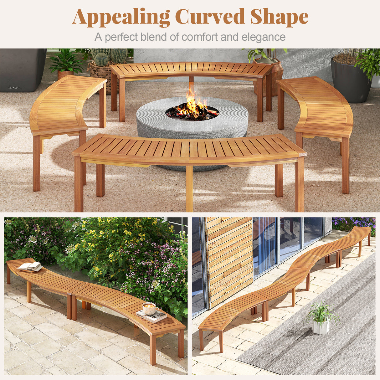 Outdoor Curved Acacia Wood Fire Pit Bench with Slatted Seat