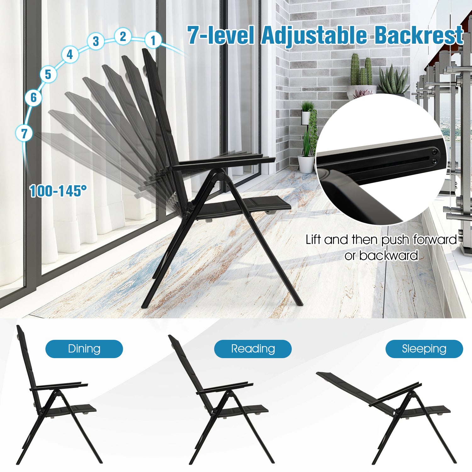 Outdoor Dining Chair with Soft Padded Seat and 7-Position Adjustable Backrest-Black