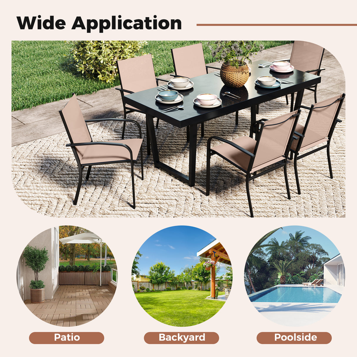 Outdoor Dining Chairs Set of 4 with High Back and Metal Frame-Light Brown