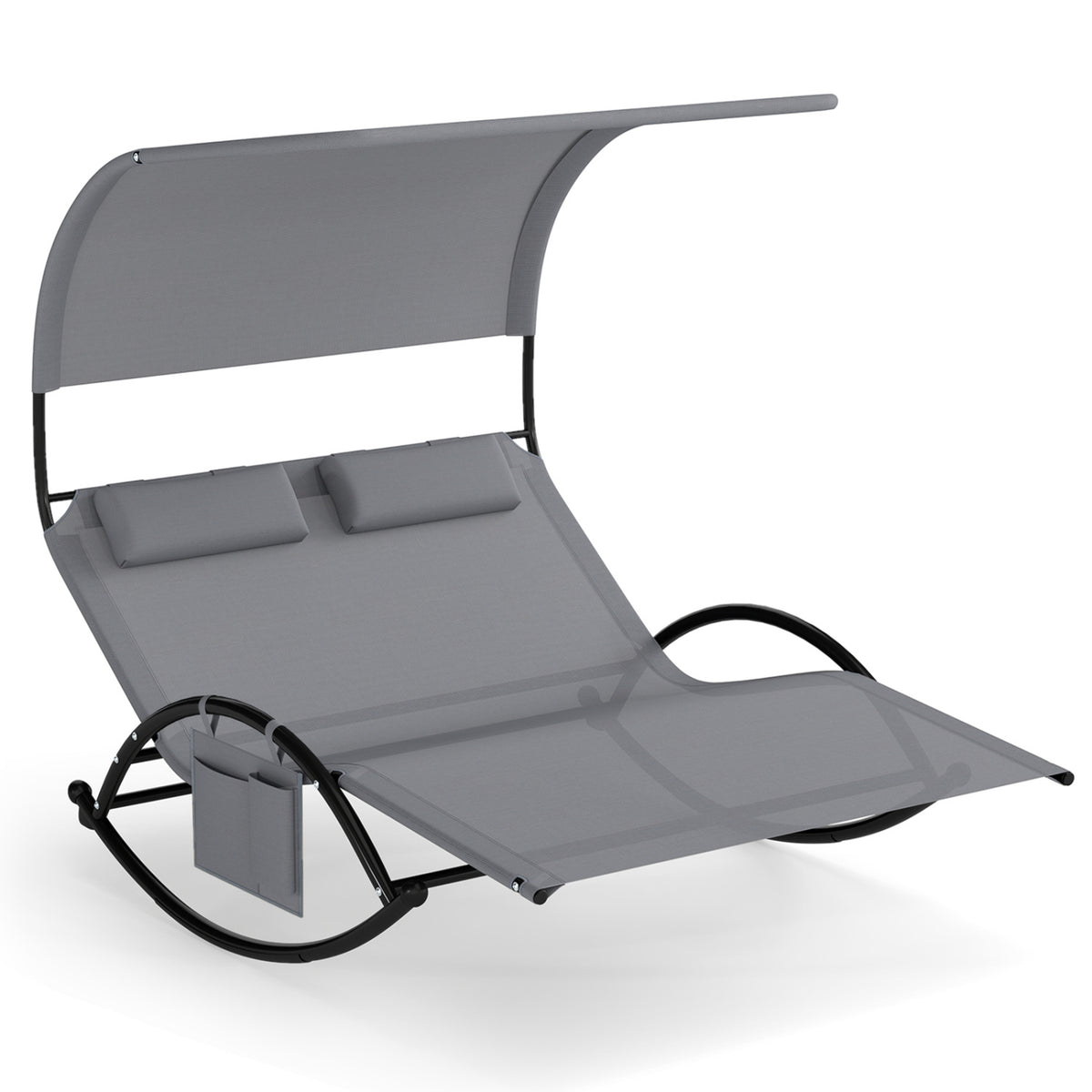 Outdoor Dual Rocker Sunbed 2-Person Canopied Patio Lounger with Detachable Headrests-Gray