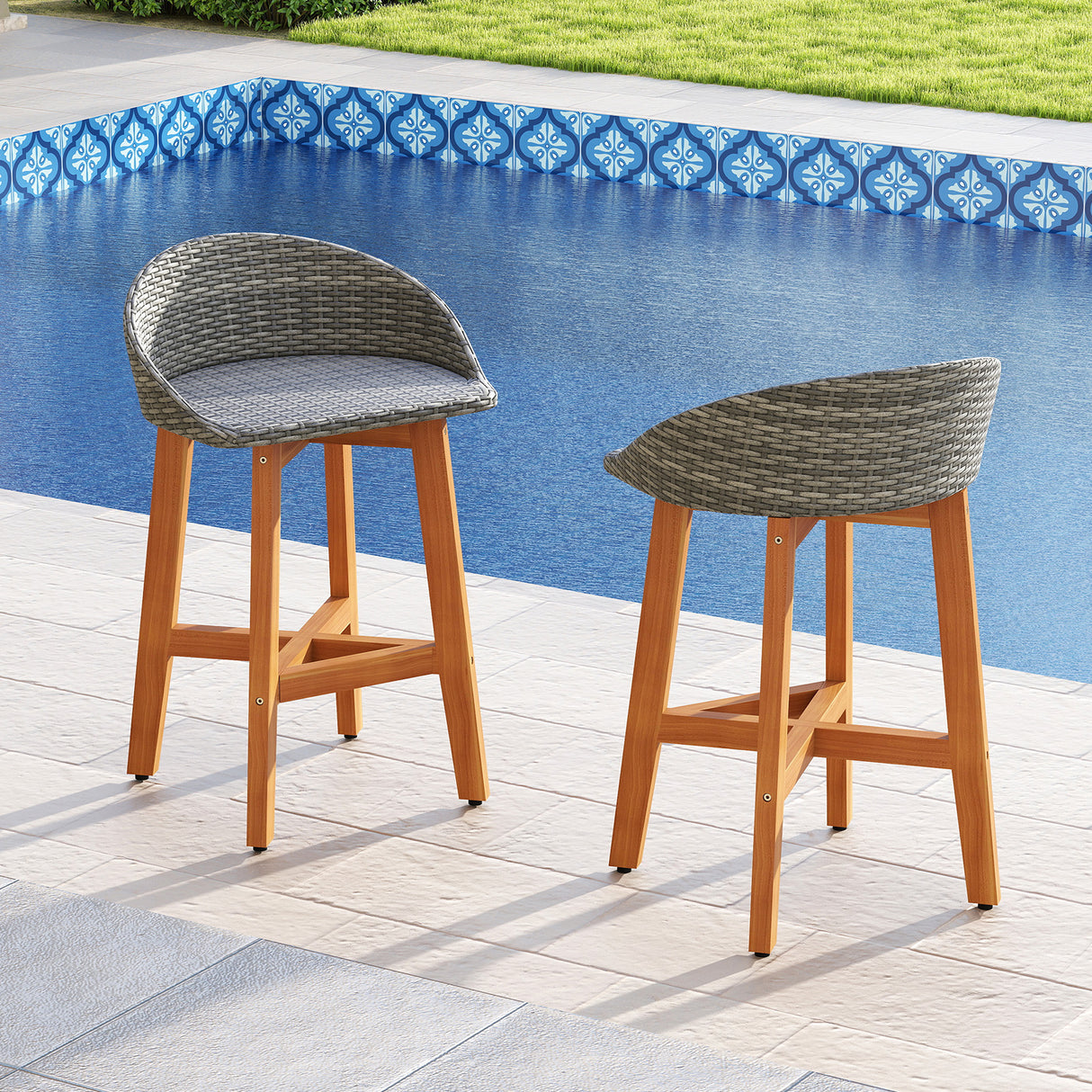 Outdoor Faux Rattan Bar Chairs Set of 2 with Ergonomic Backrests and Footrests