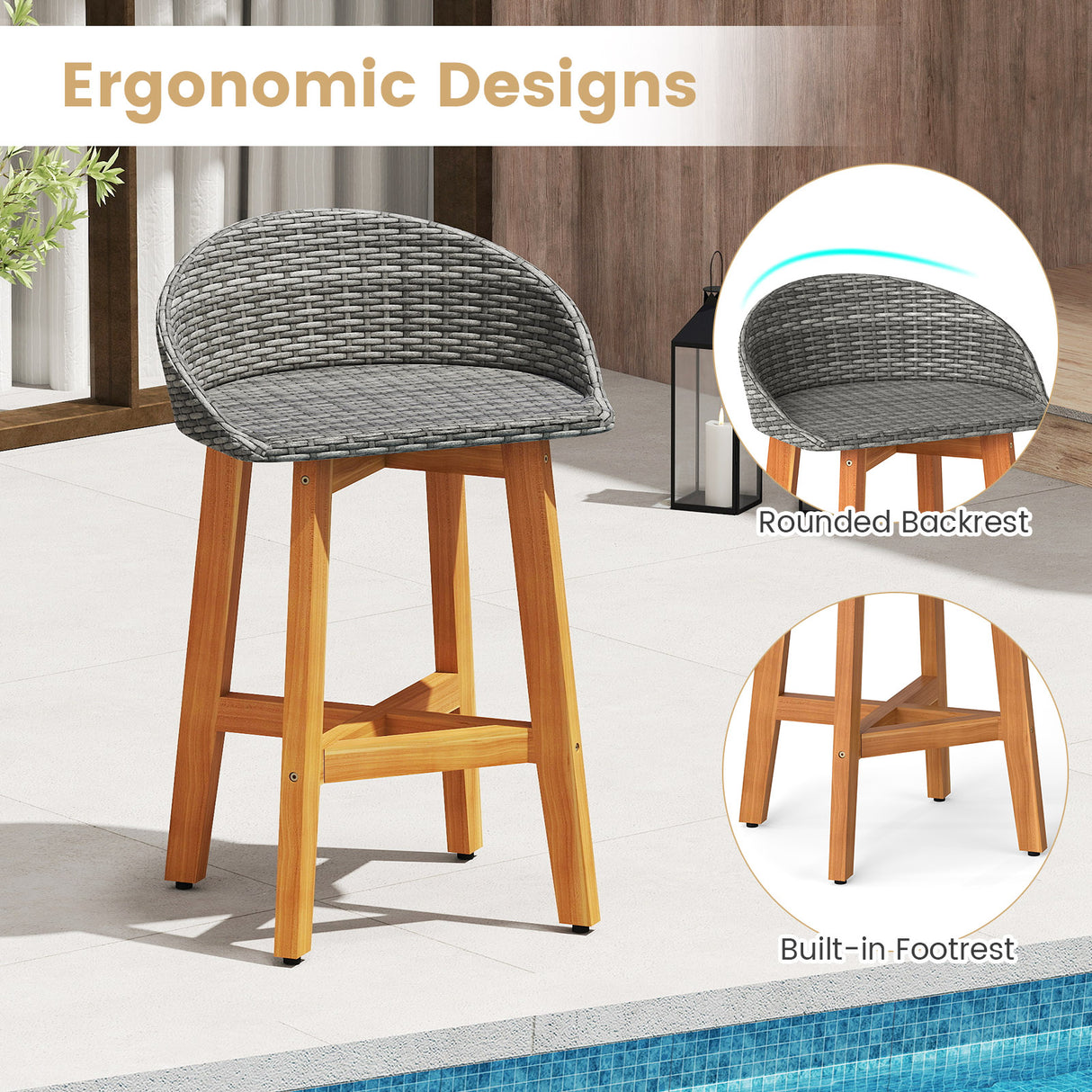 Outdoor Faux Rattan Bar Chairs Set of 2 with Ergonomic Backrests and Footrests